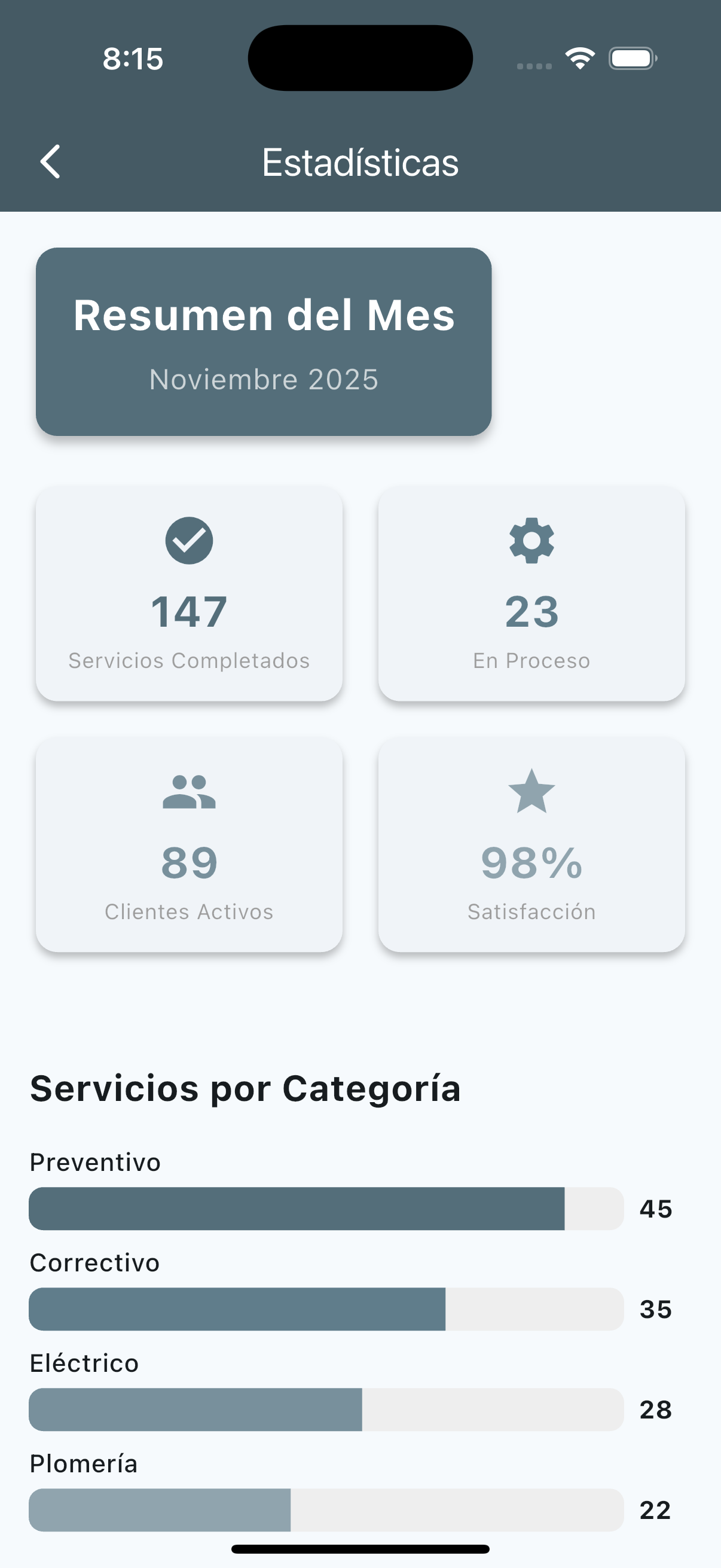 Pantalla secundaria de la app móvil
